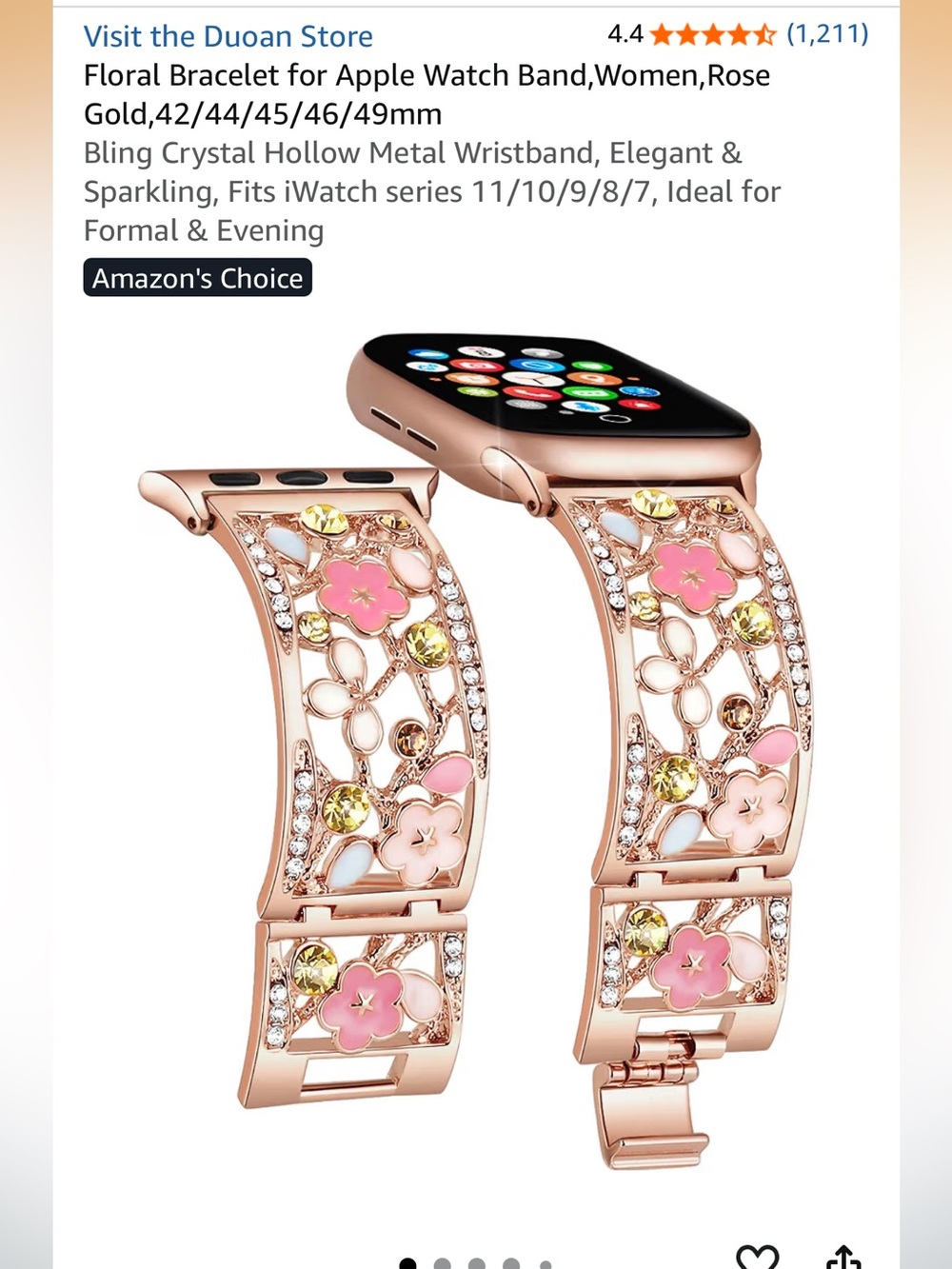 Rose Gold Floral Crystal Apple Watch Band 42/44/45/46/49mm series 11/10/9/8/7